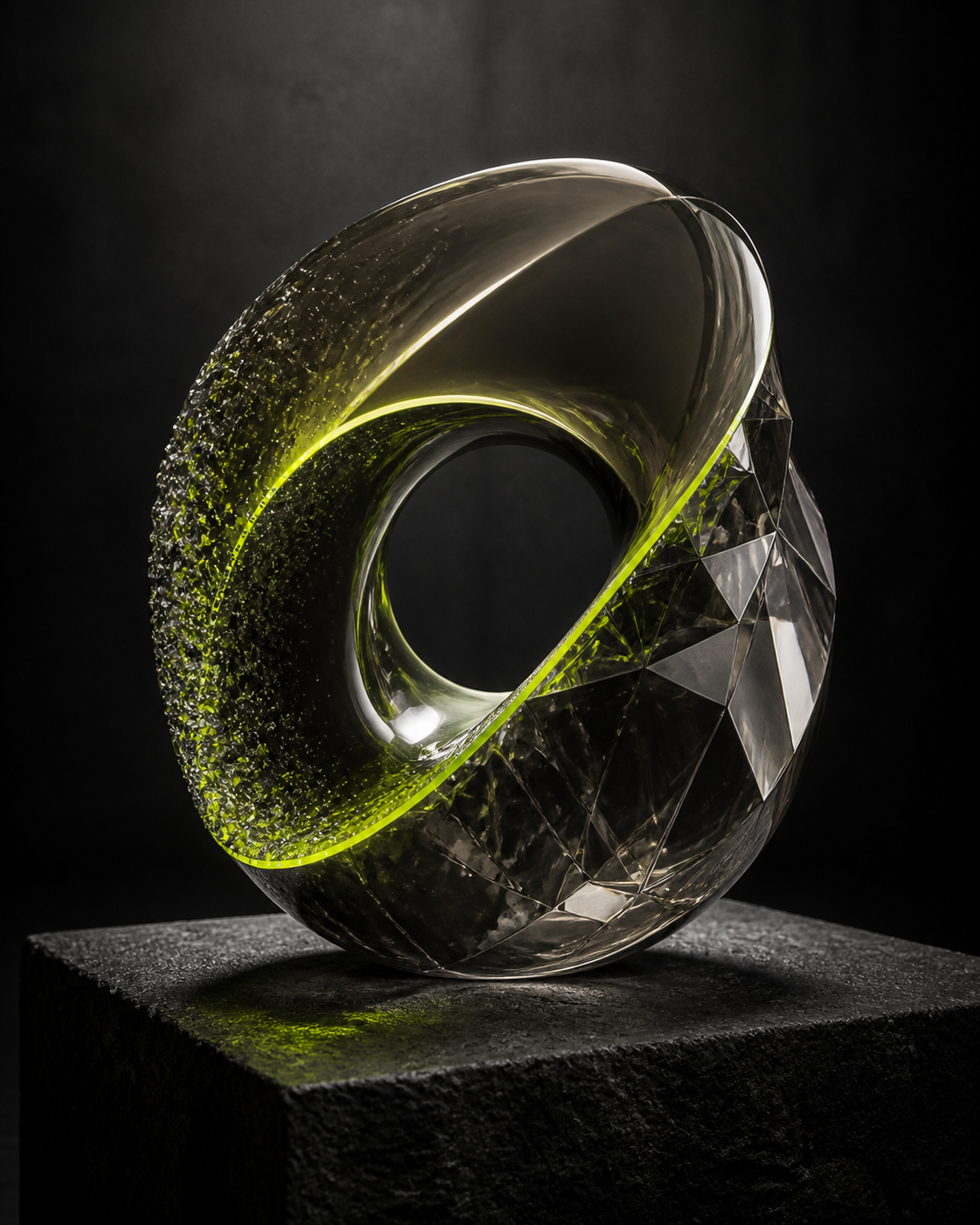 Smoked glass instrument specimen, cut with a luminous lime seam