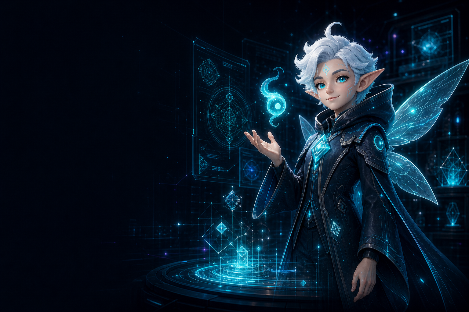 A silver-haired cyberelf operating luminous evaluation instruments inside a dark AI systems lab