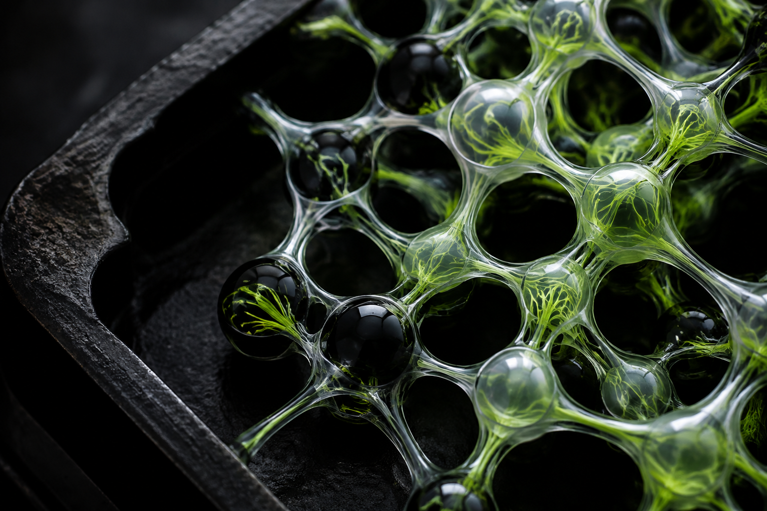 Concept illustration of a dark cellular lattice with luminous filaments