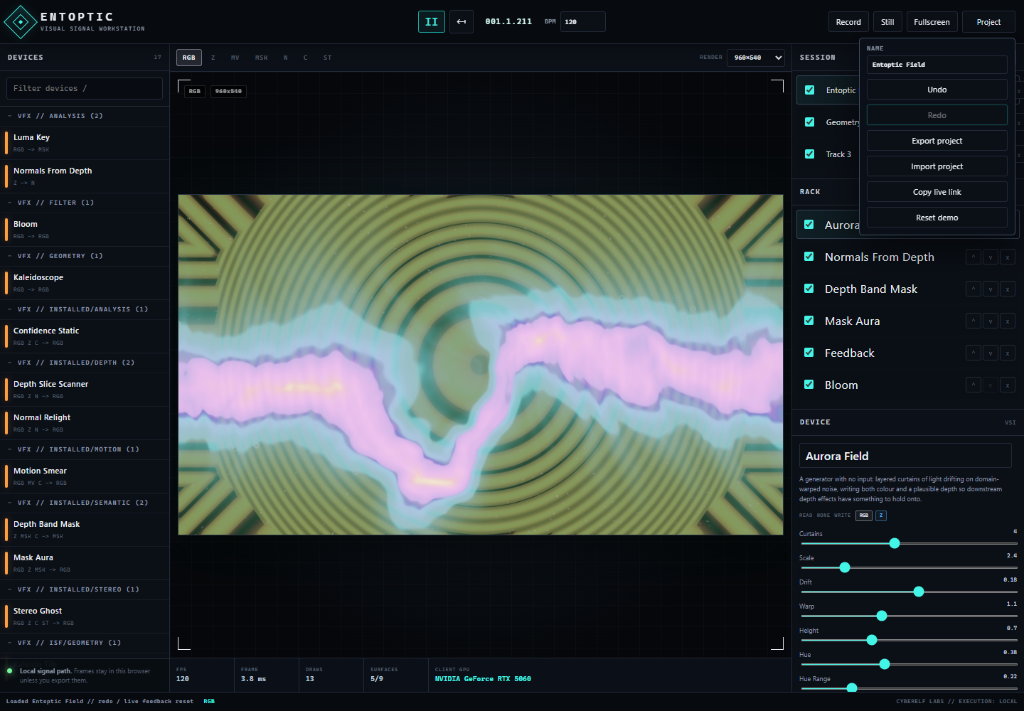 Actual Entoptic browser workstation with typed devices and rendered visual output